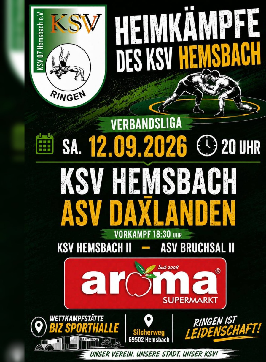Plakat zum Heimkampf des KSV Hemsbach gegen den ASV Daxlanden am 12. September 2026